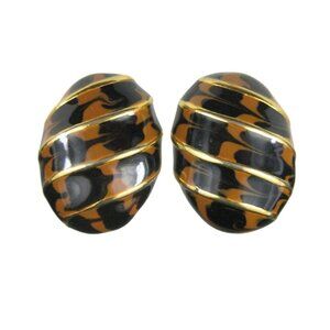 Edwin Pearl Earrings CLIP ON Goldtone Vintage Marble Enamel Oval Stripe